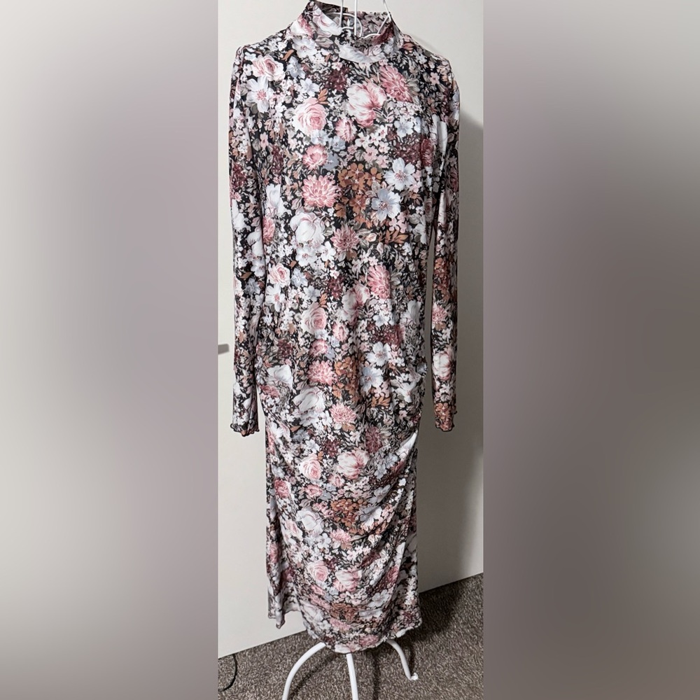 Floral Pink & Black High-Neck Long Sleeve Women's Dress